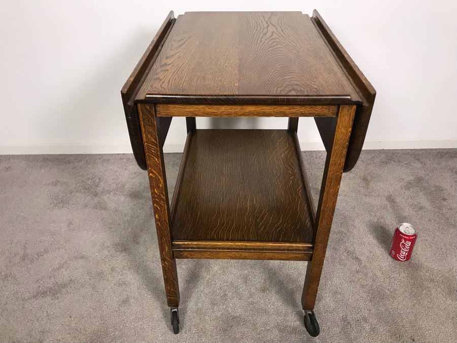 Stunning Vintage Tiger Oak Drop Leaf Tea Cart 25D X 17.5W (W/O Leaves - 33W With Leaves) X 28H [Photo 25]