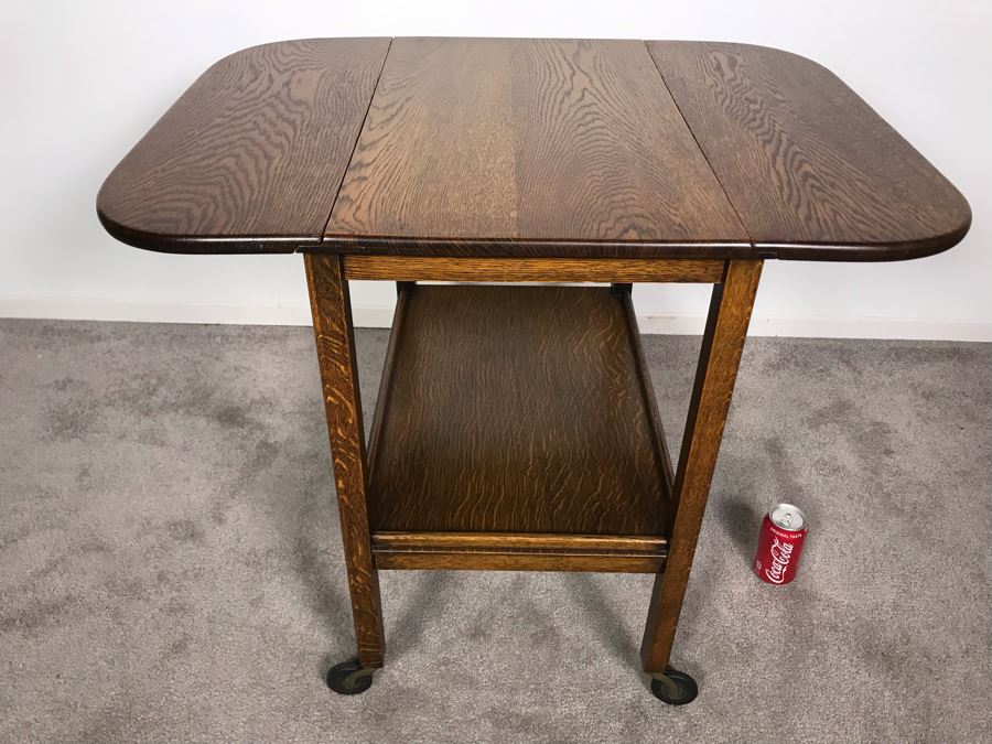 Stunning Vintage Tiger Oak Drop Leaf Tea Cart 25D X 17.5W (W/O Leaves - 33W With Leaves) X 28H [Photo 13]