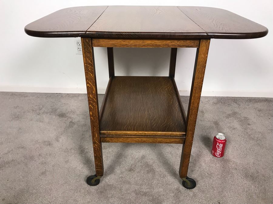 Stunning Vintage Tiger Oak Drop Leaf Tea Cart 25D X 17.5W (W/O Leaves - 33W With Leaves) X 28H [Photo 14]