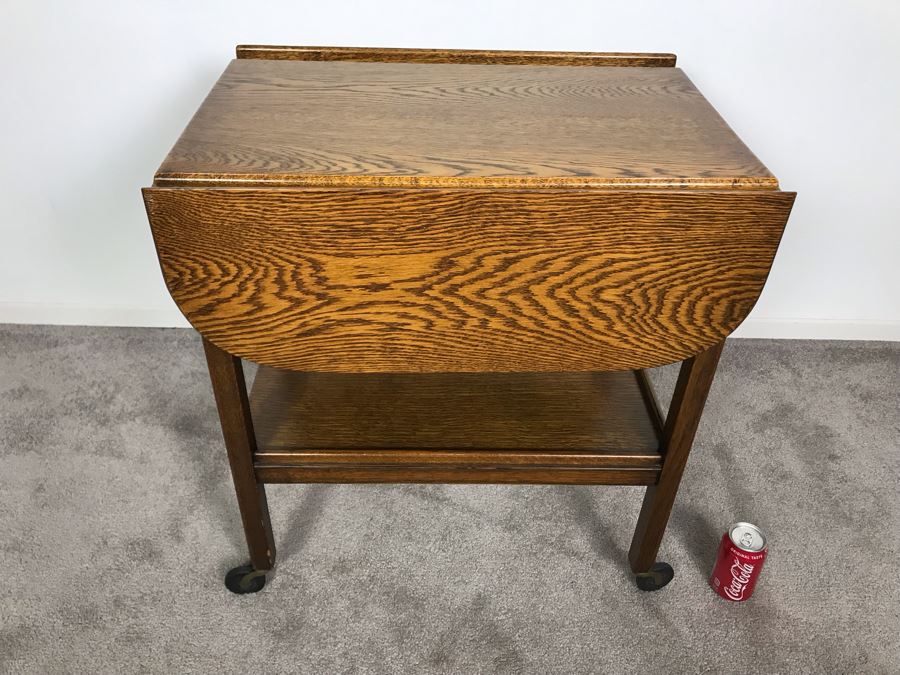 Stunning Vintage Tiger Oak Drop Leaf Tea Cart 25D X 17.5W (W/O Leaves - 33W With Leaves) X 28H [Photo 3]
