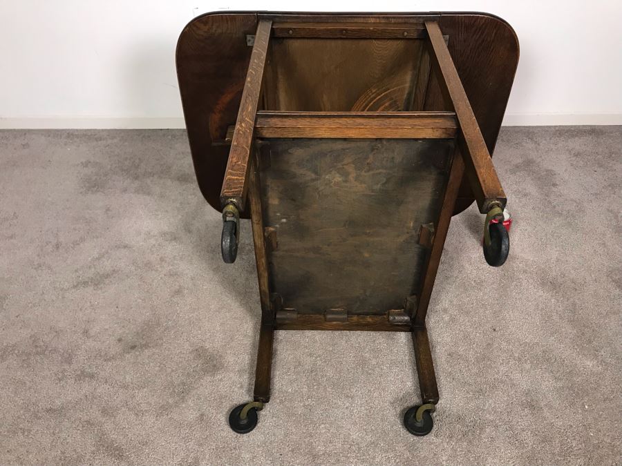 Stunning Vintage Tiger Oak Drop Leaf Tea Cart 25D X 17.5W (W/O Leaves - 33W With Leaves) X 28H [Photo 15]