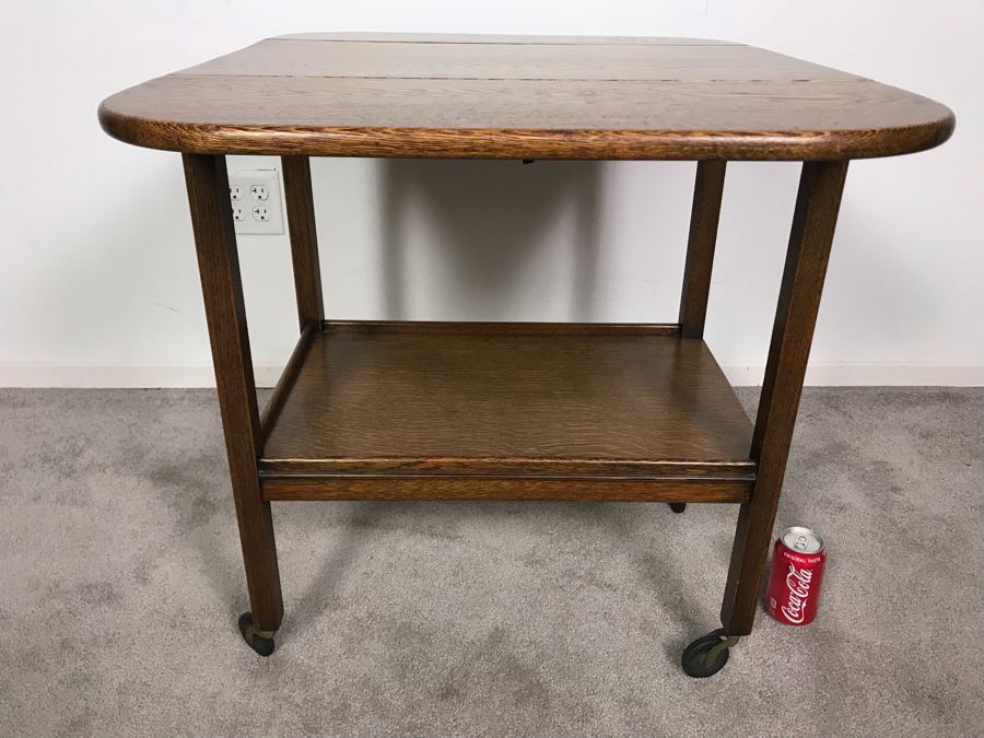 Stunning Vintage Tiger Oak Drop Leaf Tea Cart 25D X 17.5W (W/O Leaves - 33W With Leaves) X 28H [Photo 12]