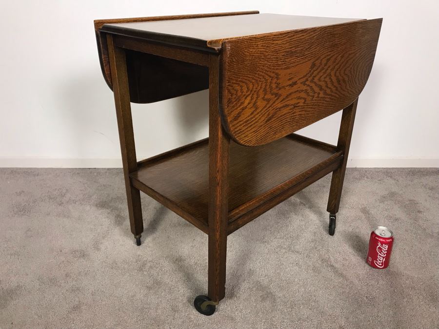 Stunning Vintage Tiger Oak Drop Leaf Tea Cart 25D X 17.5W (W/O Leaves - 33W With Leaves) X 28H [Photo 4]