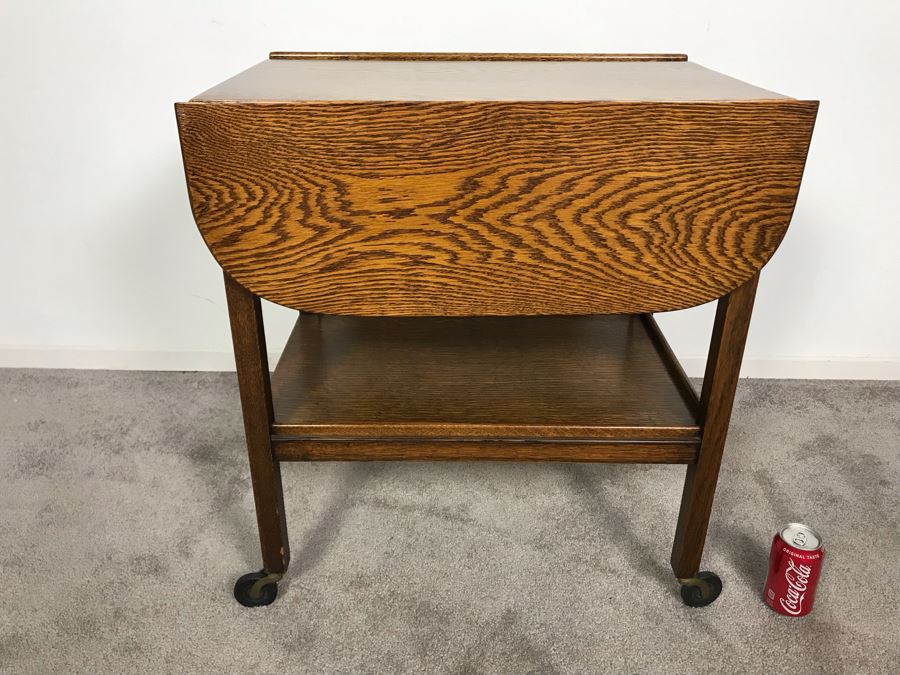 Stunning Vintage Tiger Oak Drop Leaf Tea Cart 25D X 17.5W (W/O Leaves - 33W With Leaves) X 28H [Photo 2]