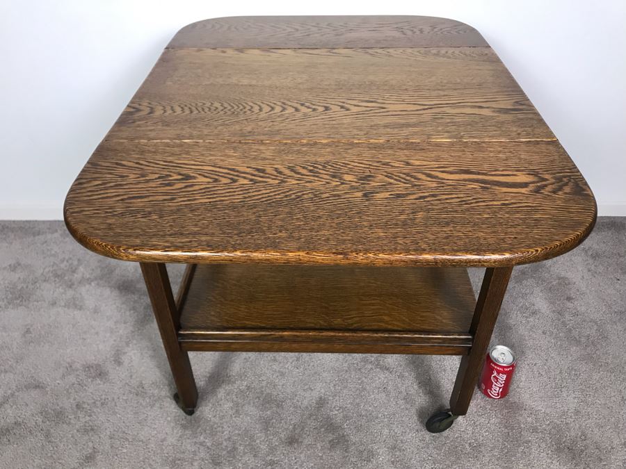 Stunning Vintage Tiger Oak Drop Leaf Tea Cart 25D X 17.5W (W/O Leaves - 33W With Leaves) X 28H [Photo 10]