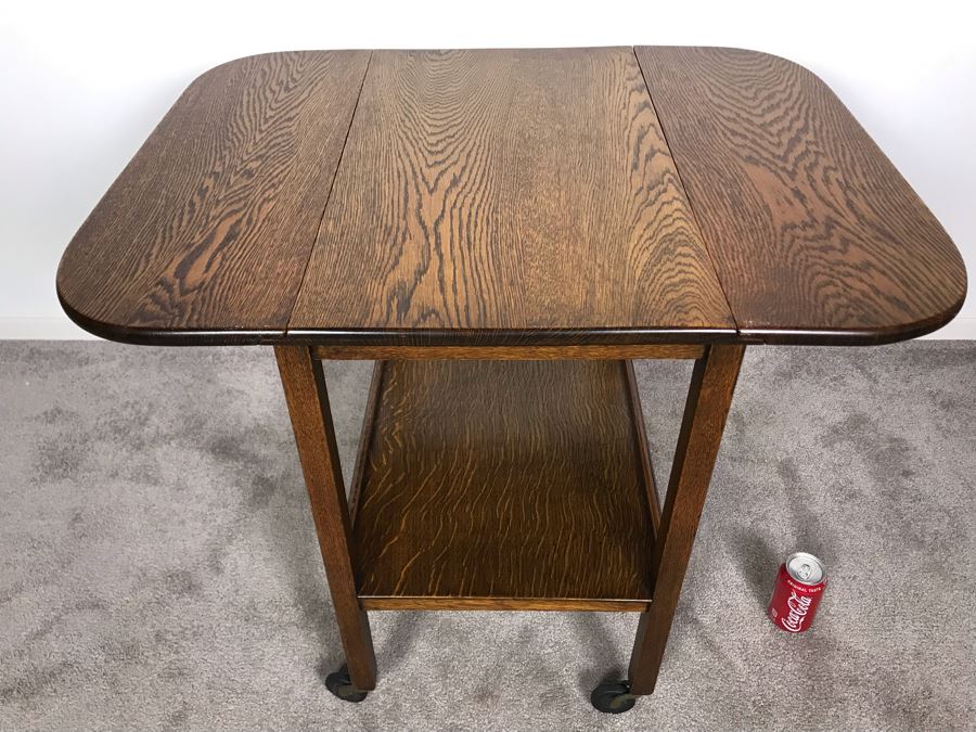 Stunning Vintage Tiger Oak Drop Leaf Tea Cart 25D X 17.5W (W/O Leaves - 33W With Leaves) X 28H [Photo 7]