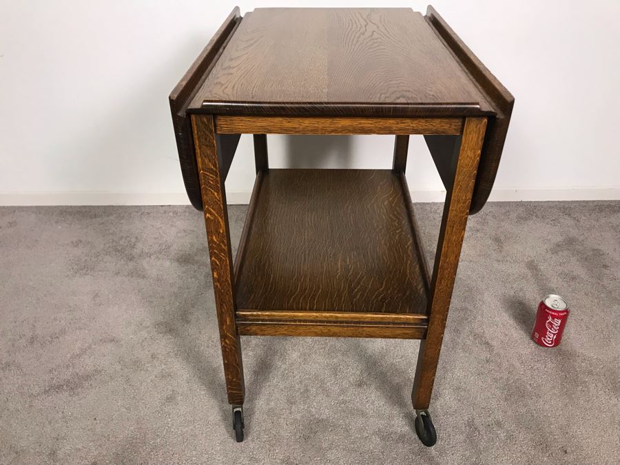 Stunning Vintage Tiger Oak Drop Leaf Tea Cart 25D X 17.5W (W/O Leaves - 33W With Leaves) X 28H [Photo 24]