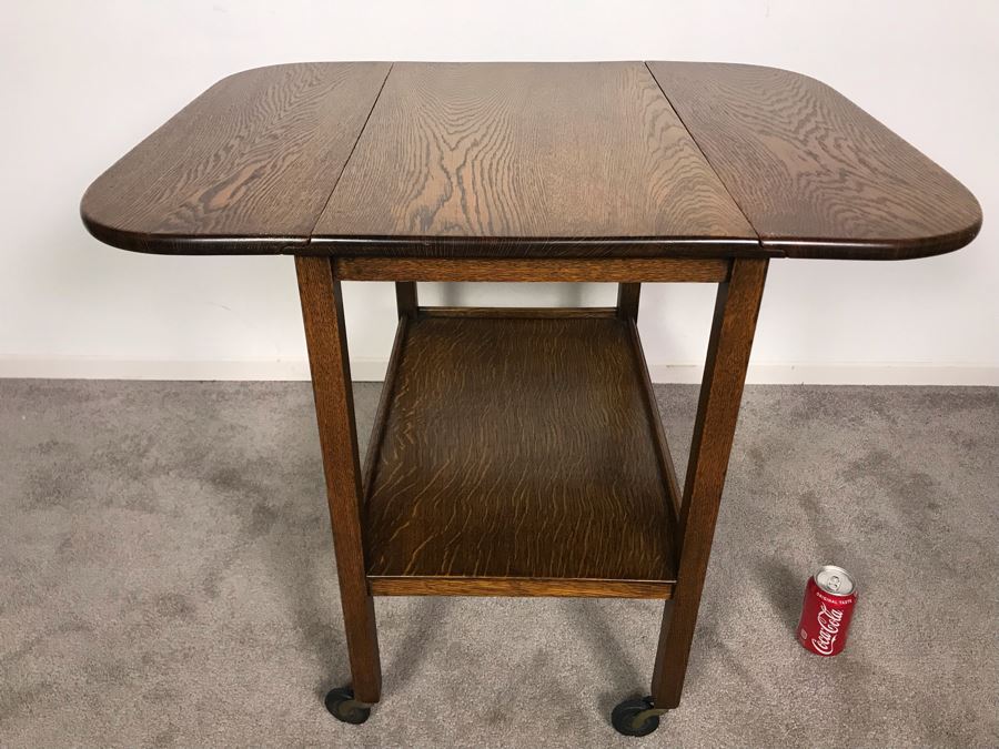 Stunning Vintage Tiger Oak Drop Leaf Tea Cart 25D X 17.5W (W/O Leaves - 33W With Leaves) X 28H [Photo 8]