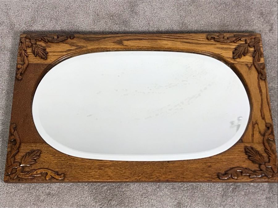 Vintage Oak Beveled Glass Wall Mirror 27.5 X 17.5 [Photo 1]