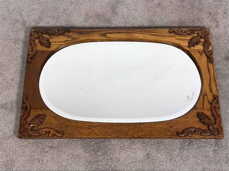 Vintage Oak Beveled Glass Wall Mirror 27.5 X 17.5 [Photo 2]