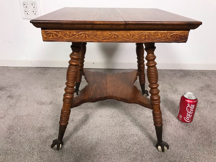 Vintage Small Tiger Oak Parlor Table With Metal Claw And Glass Ball Feet Salesman Sample / Child Size 16W X 17.5H [Photo 1]