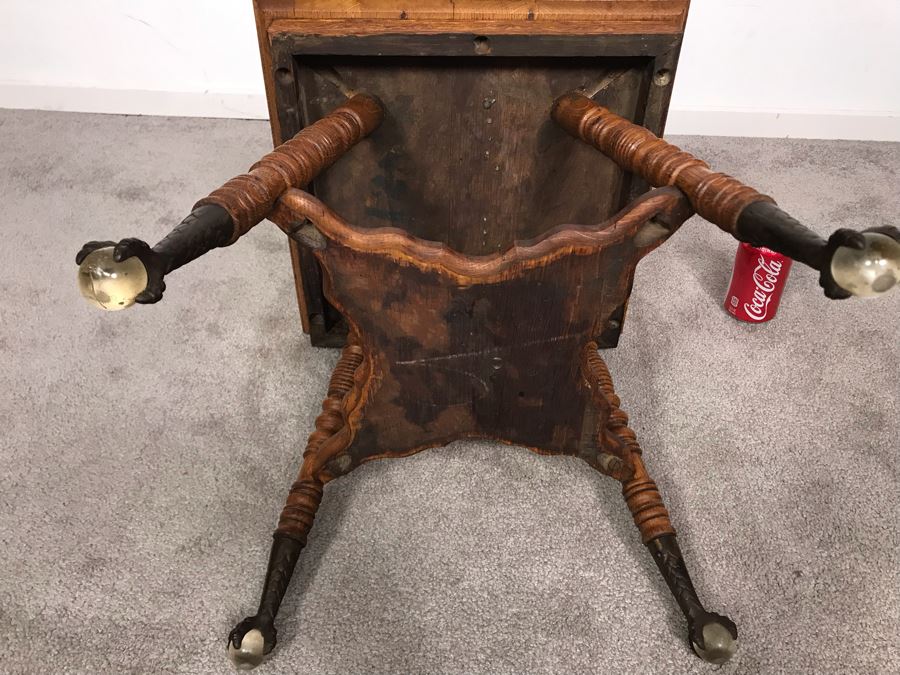 Vintage Small Tiger Oak Parlor Table With Metal Claw And Glass Ball Feet Salesman Sample / Child Size 16W X 17.5H [Photo 13]
