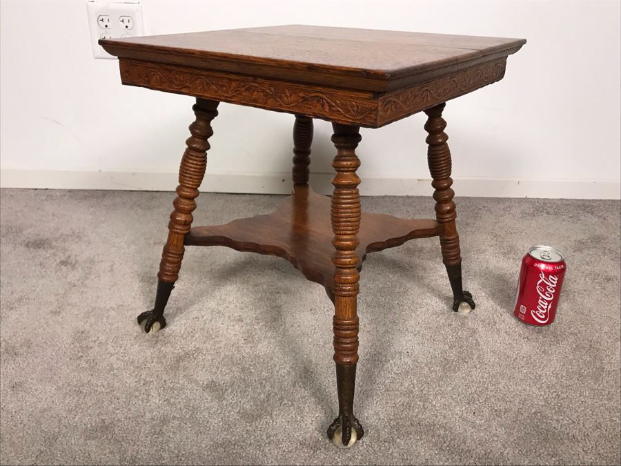 Vintage Small Tiger Oak Parlor Table With Metal Claw And Glass Ball Feet Salesman Sample / Child Size 16W X 17.5H [Photo 11]