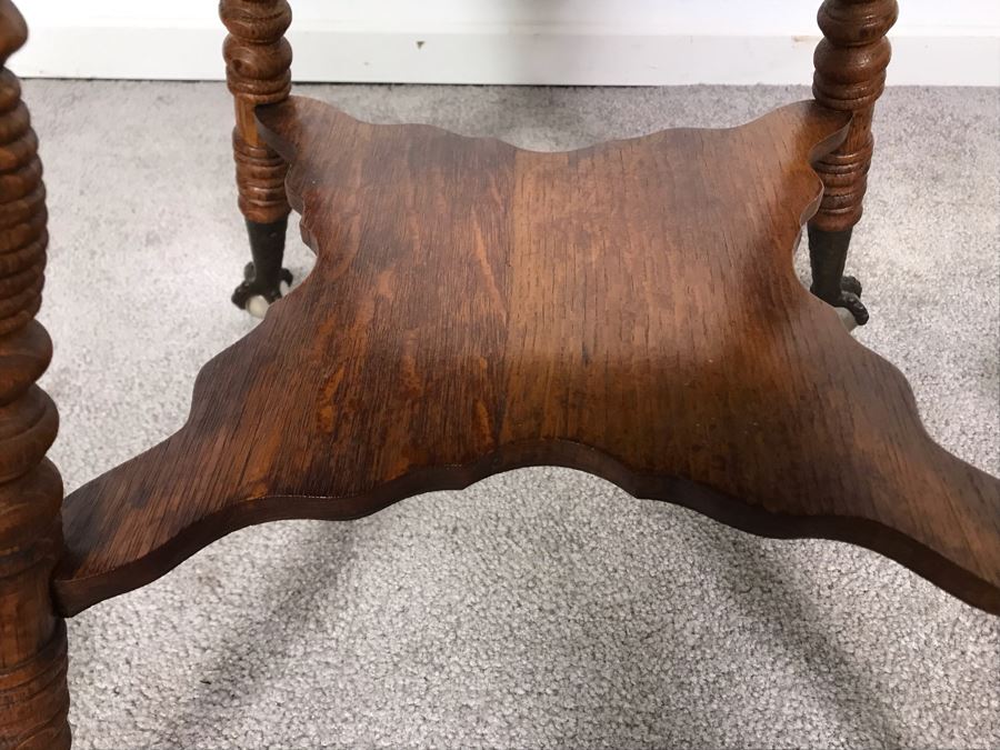 Vintage Small Tiger Oak Parlor Table With Metal Claw And Glass Ball Feet Salesman Sample / Child Size 16W X 17.5H [Photo 10]