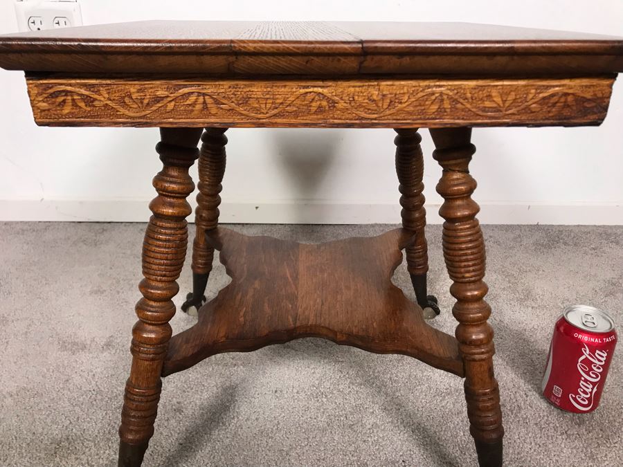 Vintage Small Tiger Oak Parlor Table With Metal Claw And Glass Ball Feet Salesman Sample / Child Size 16W X 17.5H [Photo 3]