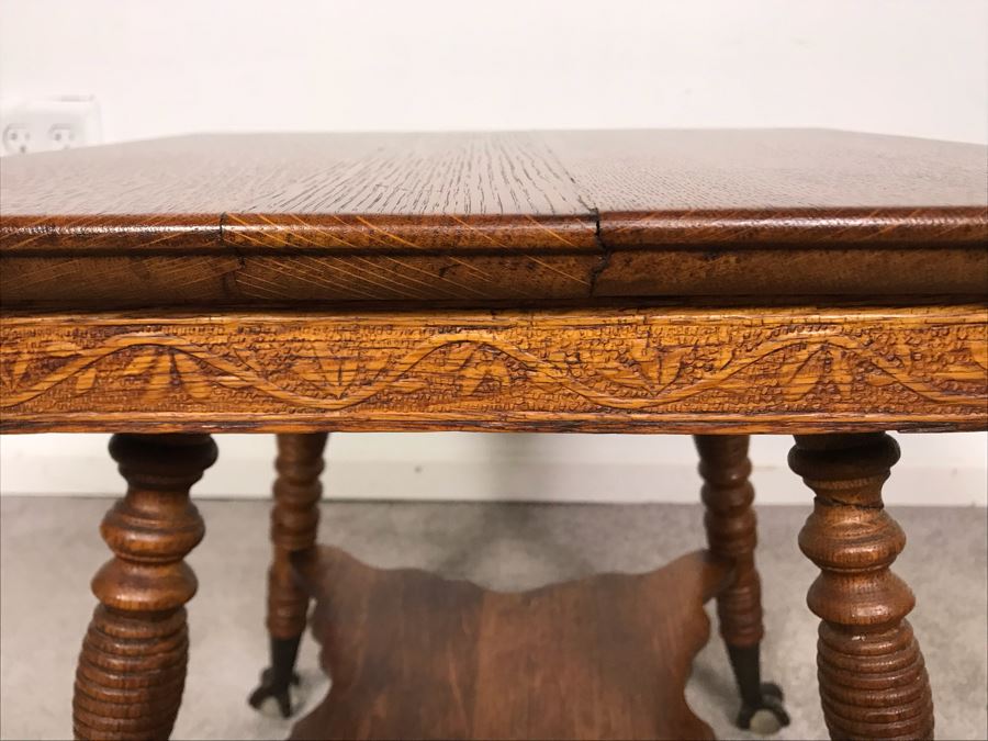Vintage Small Tiger Oak Parlor Table With Metal Claw And Glass Ball Feet Salesman Sample / Child Size 16W X 17.5H [Photo 8]