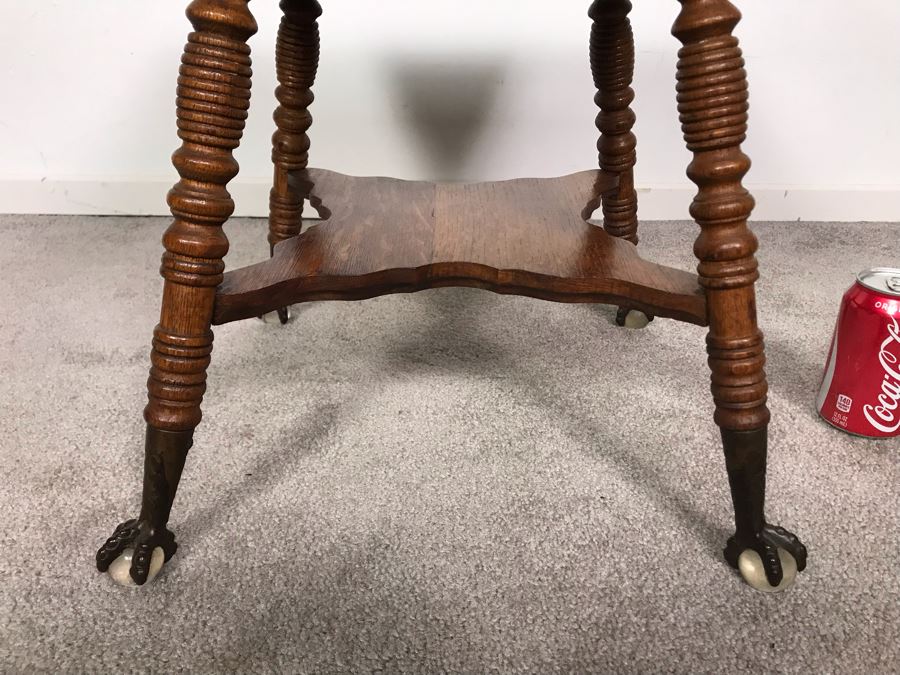 Vintage Small Tiger Oak Parlor Table With Metal Claw And Glass Ball Feet Salesman Sample / Child Size 16W X 17.5H [Photo 4]