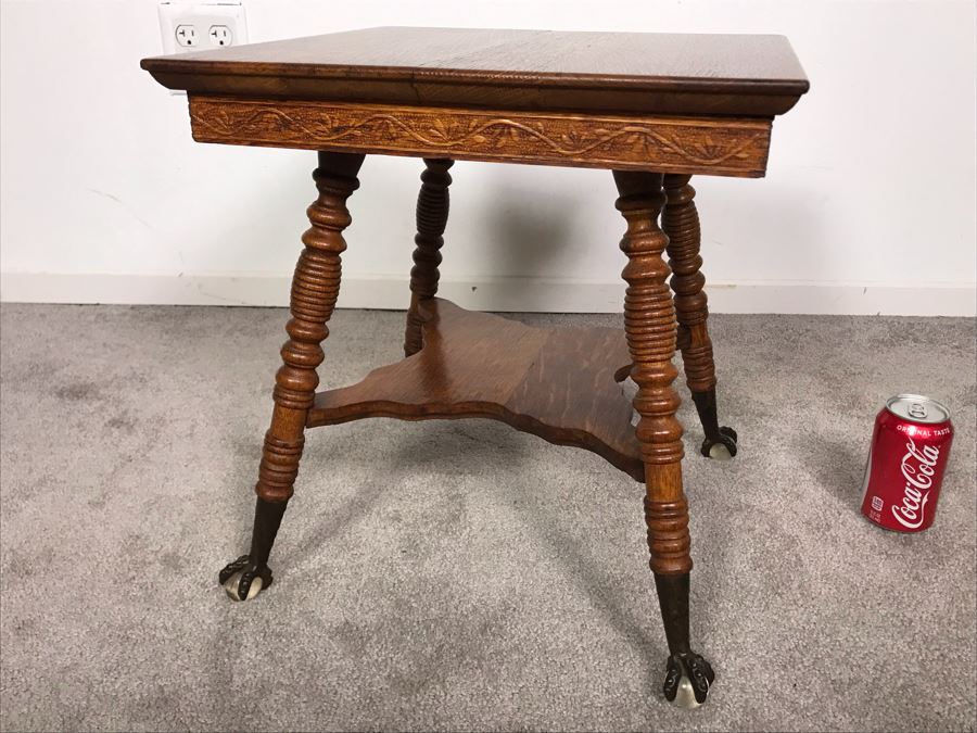 Vintage Small Tiger Oak Parlor Table With Metal Claw And Glass Ball Feet Salesman Sample / Child Size 16W X 17.5H [Photo 12]