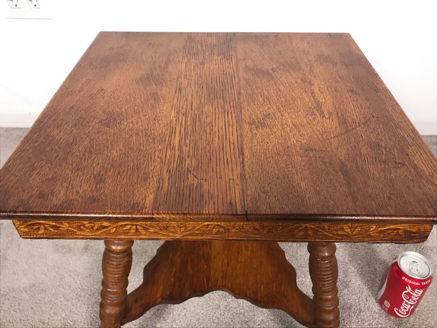 Vintage Small Tiger Oak Parlor Table With Metal Claw And Glass Ball Feet Salesman Sample / Child Size 16W X 17.5H [Photo 9]