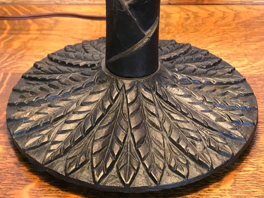 Vintage Metal Palm Frond Motif Table Lamp With Slag Glass Shade [Photo 7]