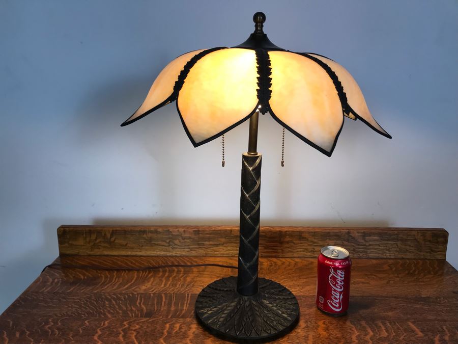 Vintage Metal Palm Frond Motif Table Lamp With Slag Glass Shade [Photo 3]