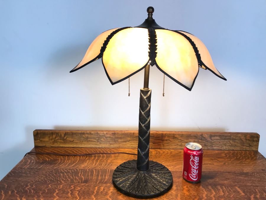 Vintage Metal Palm Frond Motif Table Lamp With Slag Glass Shade [Photo 4]
