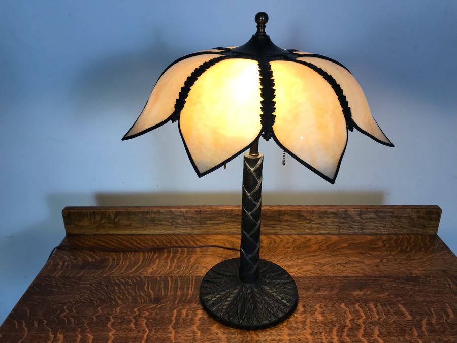 Vintage Metal Palm Frond Motif Table Lamp With Slag Glass Shade [Photo 2]