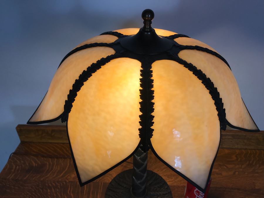 Vintage Metal Palm Frond Motif Table Lamp With Slag Glass Shade [Photo 5]
