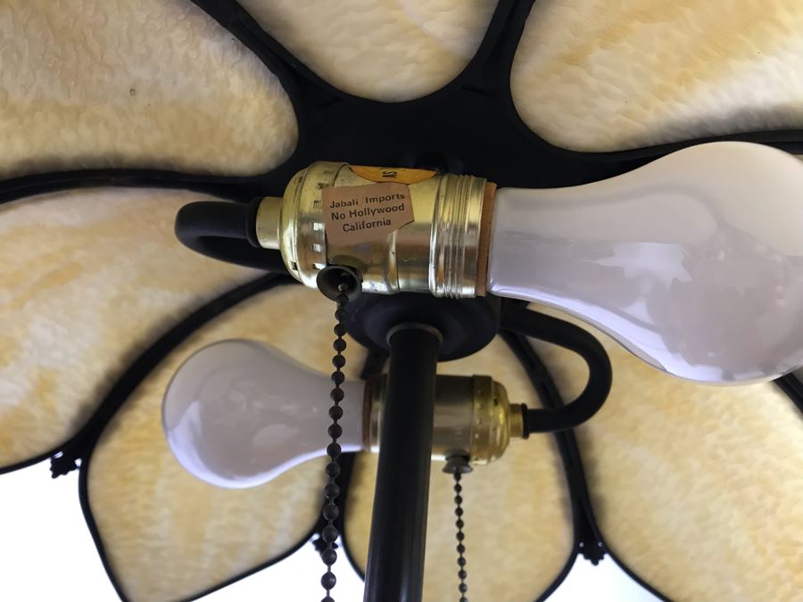 Vintage Metal Palm Frond Motif Table Lamp With Slag Glass Shade [Photo 9]