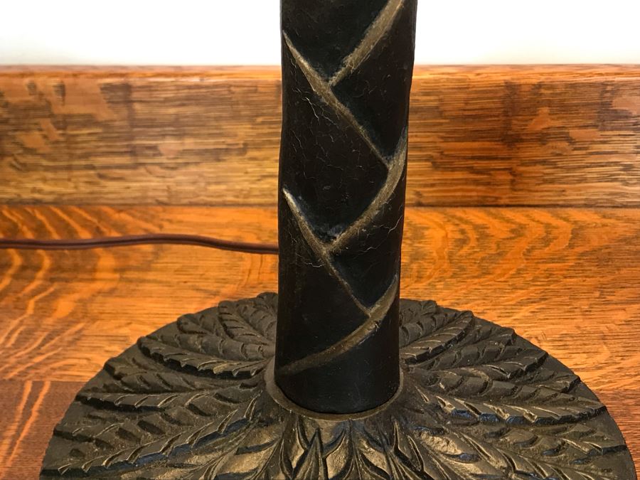 Vintage Metal Palm Frond Motif Table Lamp With Slag Glass Shade [Photo 8]
