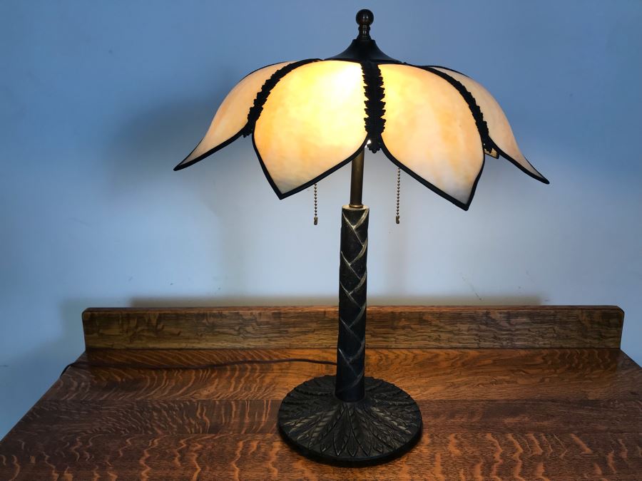 Vintage Metal Palm Frond Motif Table Lamp With Slag Glass Shade