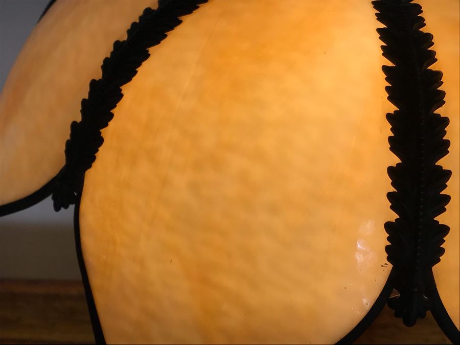 Vintage Metal Palm Frond Motif Table Lamp With Slag Glass Shade [Photo 6]