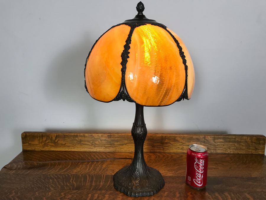 Metal Table Lamp With Slag Glass Shade