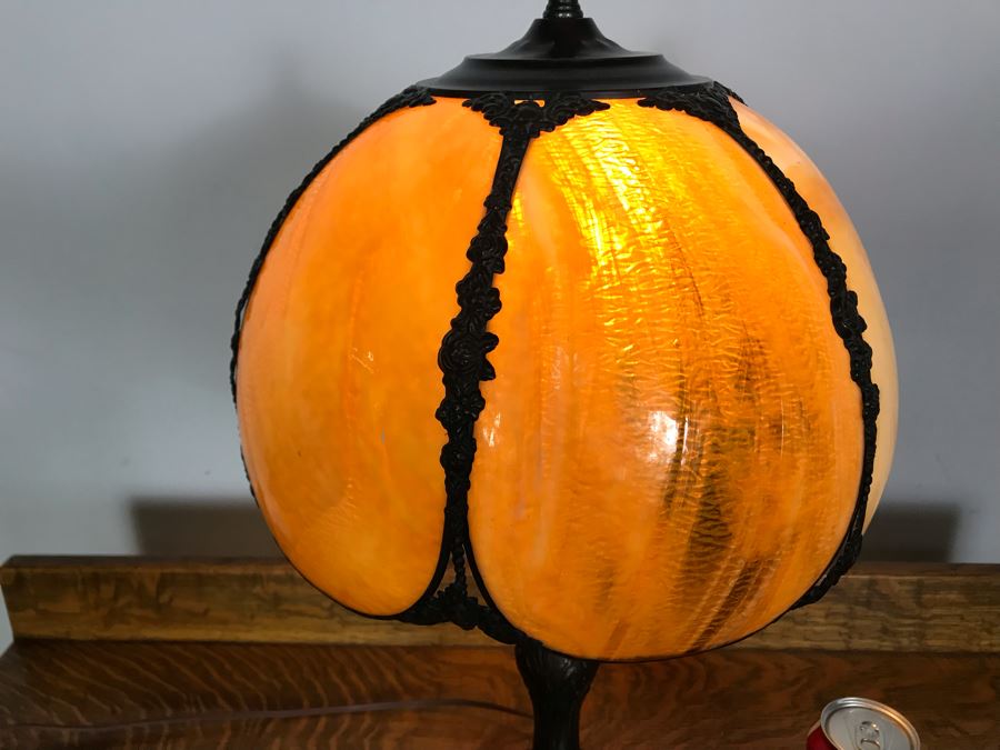 Metal Table Lamp With Slag Glass Shade [Photo 3]