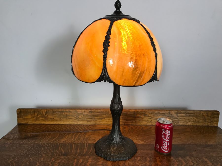 Metal Table Lamp With Slag Glass Shade [Photo 2]
