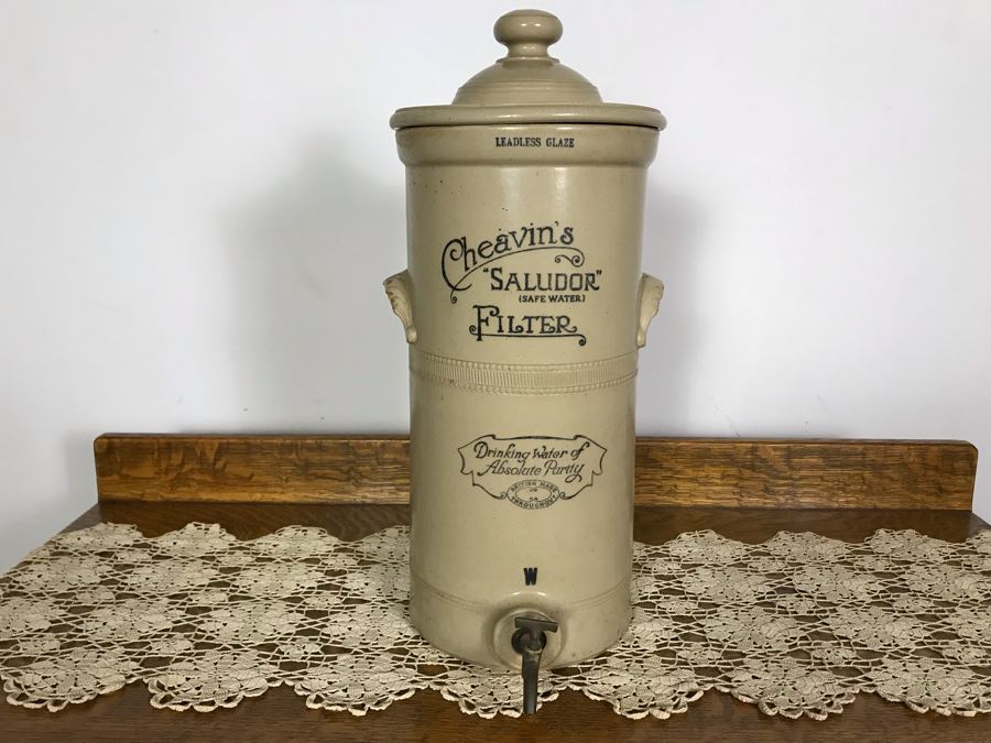 Rare Antique Cheavin's Saludor Safe Water Filter British Made Ceramic Stoneware Water Purifier (Underneath Lid Has Chip / Slight Chip In Handle) 19.5H X 9W [Photo 1]