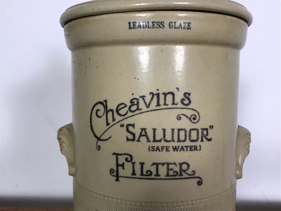 Rare Antique Cheavin's Saludor Safe Water Filter British Made Ceramic Stoneware Water Purifier (Underneath Lid Has Chip / Slight Chip In Handle) 19.5H X 9W [Photo 3]