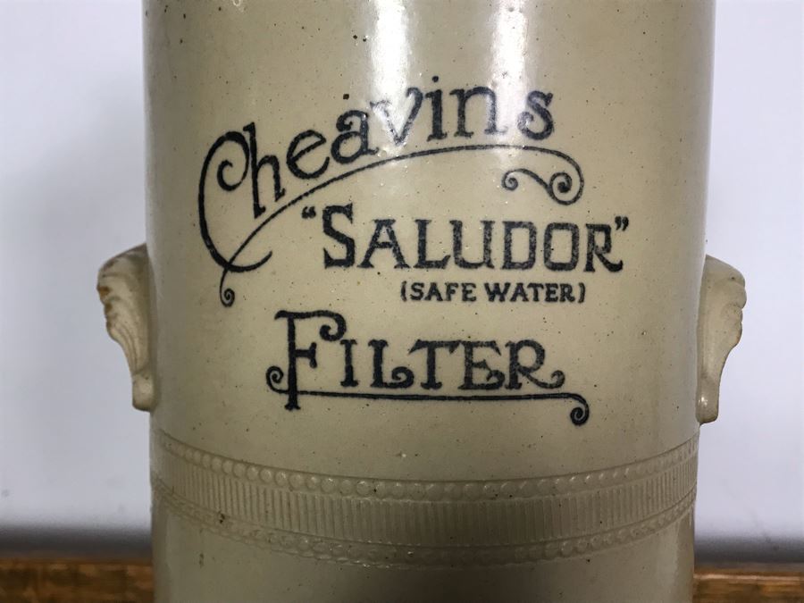 Rare Antique Cheavin's Saludor Safe Water Filter British Made Ceramic Stoneware Water Purifier (Underneath Lid Has Chip / Slight Chip In Handle) 19.5H X 9W [Photo 4]