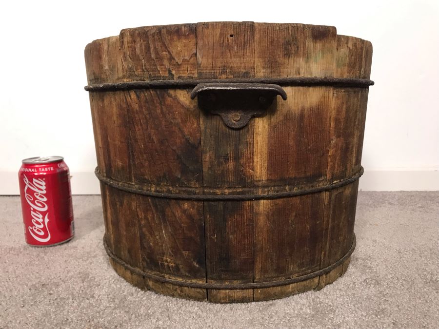Old Wooden Bucket Pale With Iron Rings And Handles 14W X 10.5H - Just Added [Photo 4]