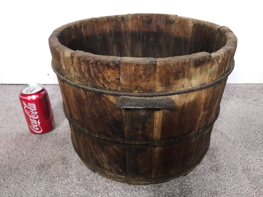Old Wooden Bucket Pale With Iron Rings And Handles 14W X 10.5H - Just Added [Photo 2]