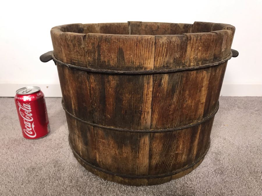 Old Wooden Bucket Pale With Iron Rings And Handles 14W X 10.5H - Just Added [Photo 7]