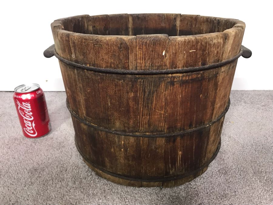 Old Wooden Bucket Pale With Iron Rings And Handles 14W X 10.5H - Just Added [Photo 3]