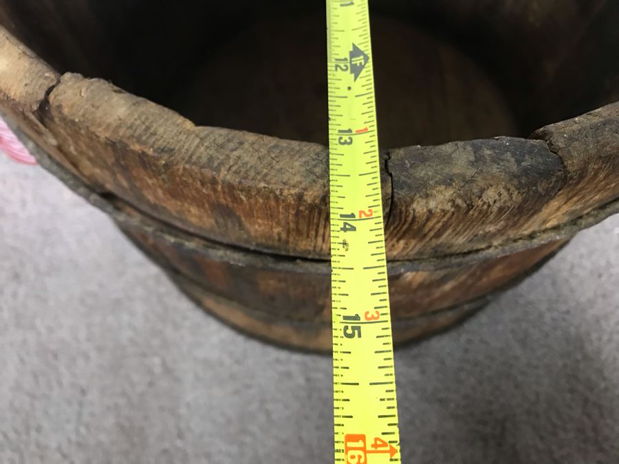 Old Wooden Bucket Pale With Iron Rings And Handles 14W X 10.5H - Just Added [Photo 9]