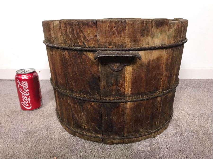 Old Wooden Bucket Pale With Iron Rings And Handles 14W X 10.5H - Just Added [Photo 1]