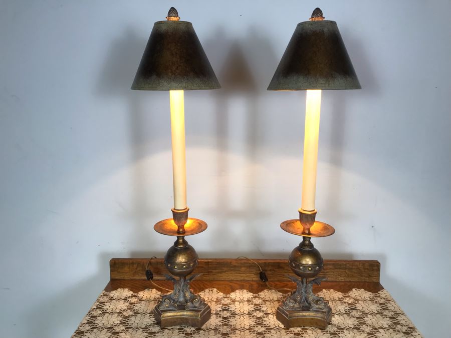 Pair Of Tall Gold Tone Fish Motif Table Lamps - Just Added [Photo 2]