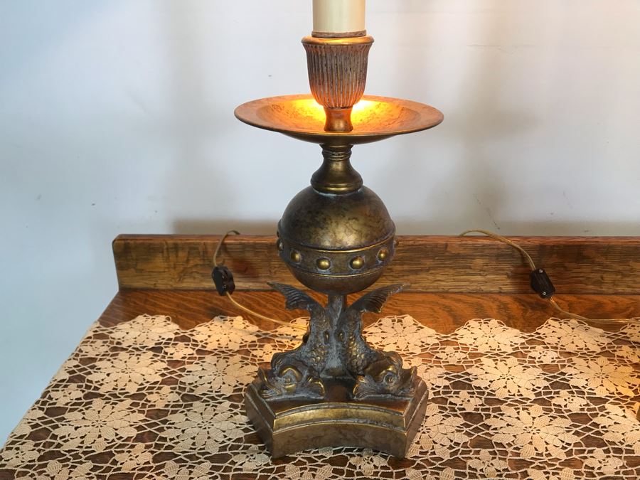 Pair Of Tall Gold Tone Fish Motif Table Lamps - Just Added [Photo 3]