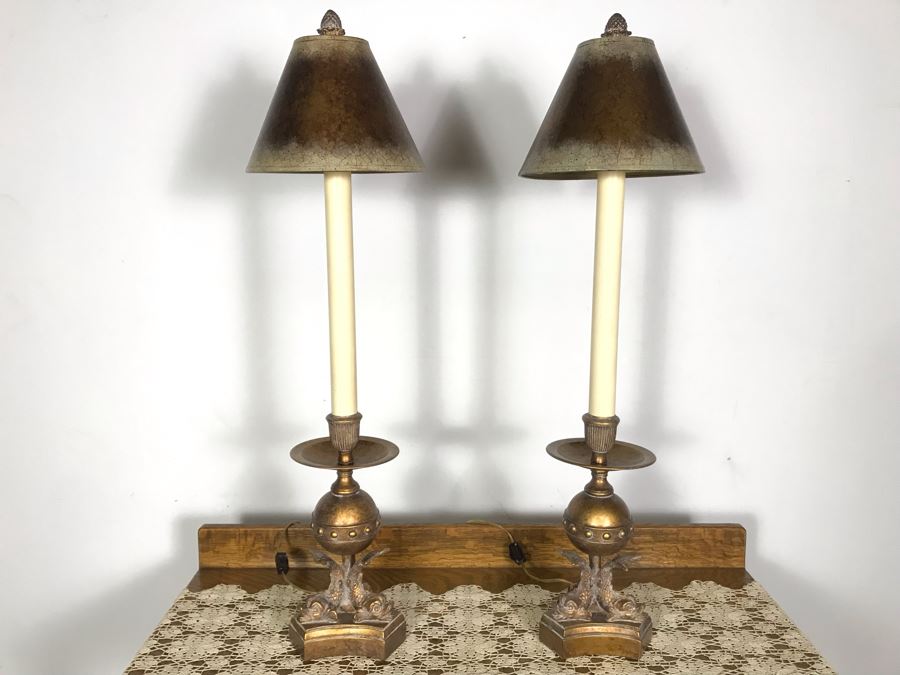 Pair Of Tall Gold Tone Fish Motif Table Lamps - Just Added [Photo 11]