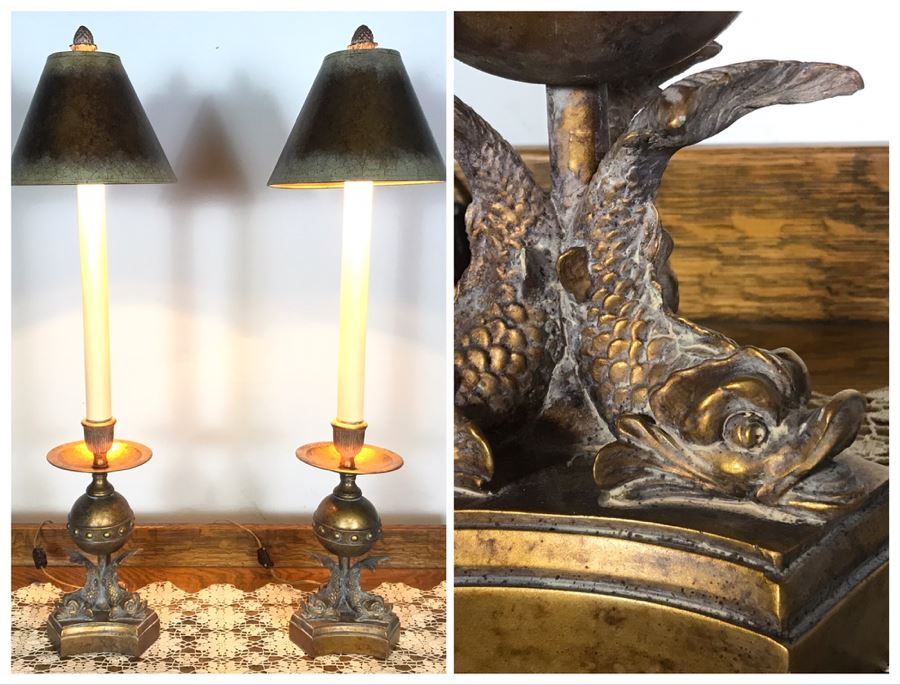 Pair Of Tall Gold Tone Fish Motif Table Lamps - Just Added
