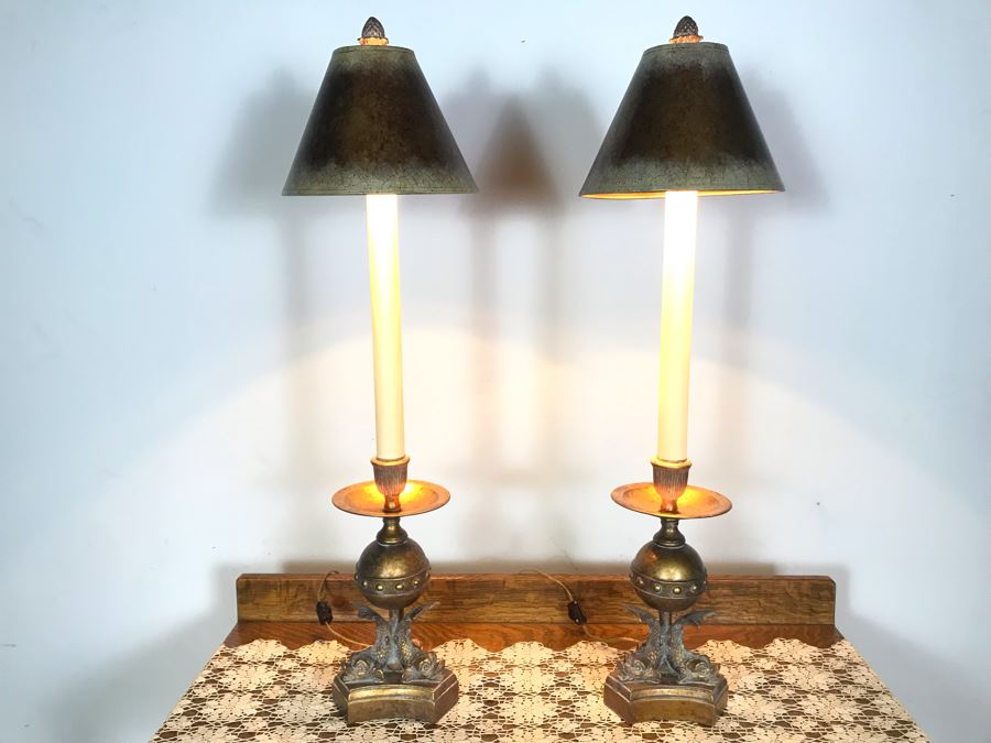 Pair Of Tall Gold Tone Fish Motif Table Lamps - Just Added [Photo 9]