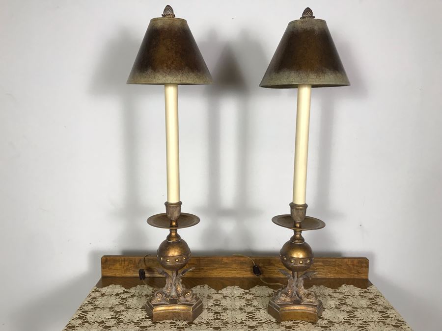 Pair Of Tall Gold Tone Fish Motif Table Lamps - Just Added [Photo 10]